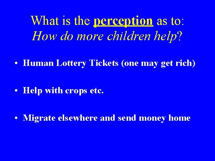What is the perception as to: How do more children help? • Human Lottery