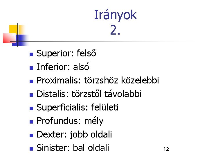 Irányok 2. Superior: felső Inferior: alsó Proximalis: törzshöz közelebbi Distalis: törzstől távolabbi Superficialis: felületi