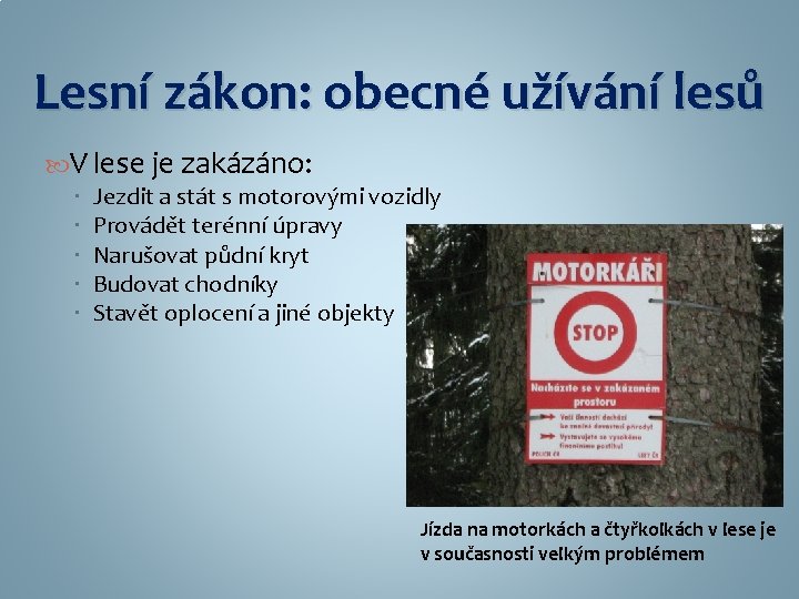 Lesní zákon: obecné užívání lesů V lese je zakázáno: Jezdit a stát s motorovými