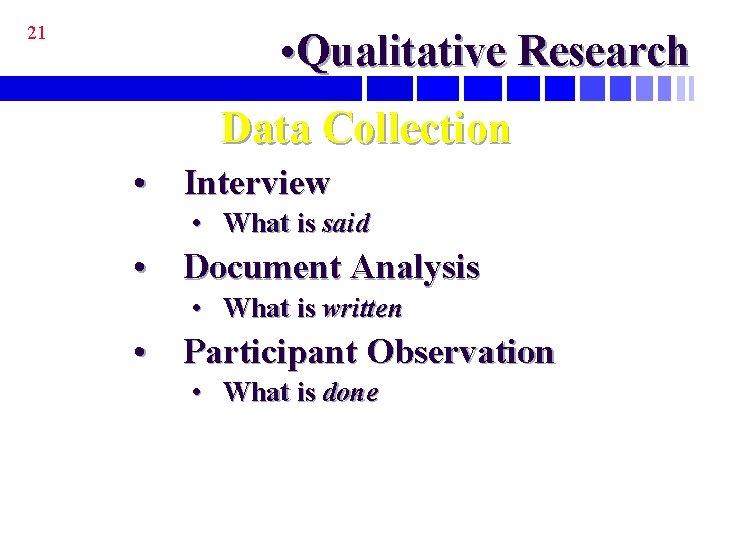 21 • Qualitative Research Data Collection • Interview • What is said • Document