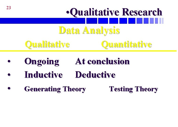 23 • Qualitative Research Data Analysis Qualitative • • • Ongoing Inductive Quantitative At