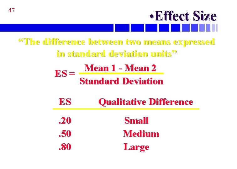 47 • Effect Size “The difference between two means expressed in standard deviation units”