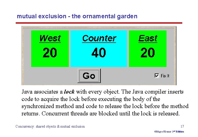 mutual exclusion - the ornamental garden Java associates a lock with every object. The