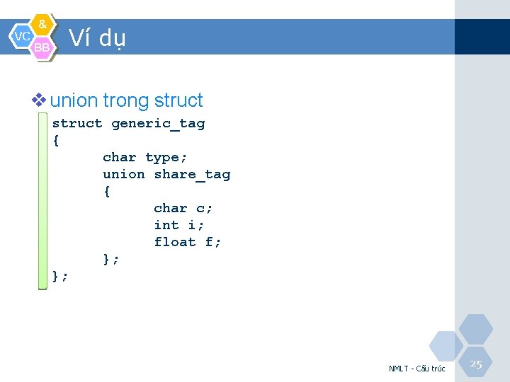 VC & BB Ví dụ v union trong struct generic_tag { char type; union