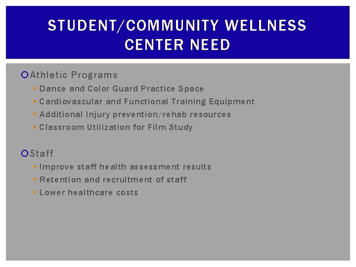 STUDENT/COMMUNITY WELLNESS CENTER NEED Athletic Programs § § Dance and Color Guard Practice Space