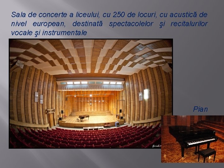 Sala de concerte a liceului, cu 250 de locuri, cu acustică de nivel european,