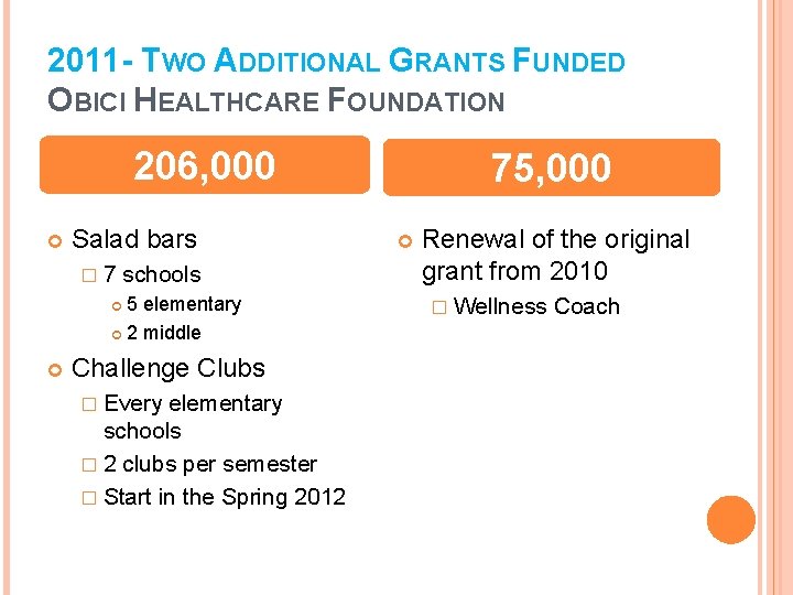 2011 - TWO ADDITIONAL GRANTS FUNDED OBICI HEALTHCARE FOUNDATION 206, 000 Salad bars �