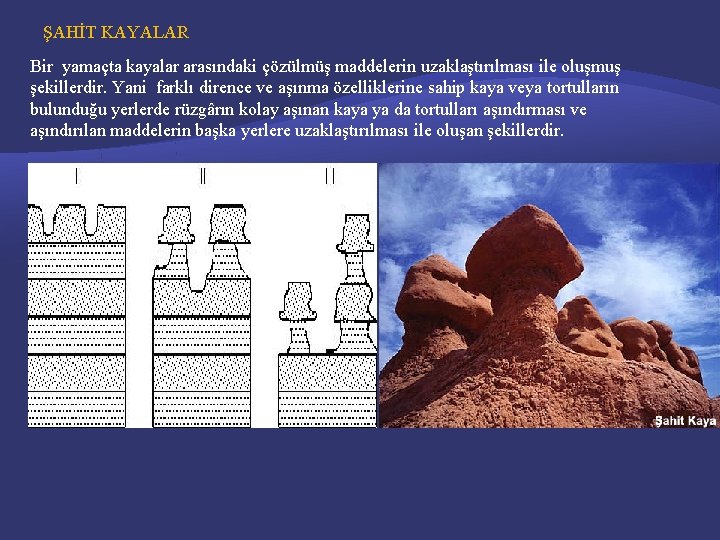 ŞAHİT KAYALAR Bir yamaçta kayalar arasındaki çözülmüş maddelerin uzaklaştırılması ile oluşmuş şekillerdir. Yani farklı