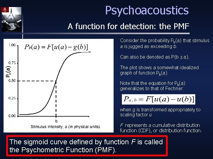 Psychoacoustics A function for detection: the PMF Consider the probability Pb(a) that stimulus a