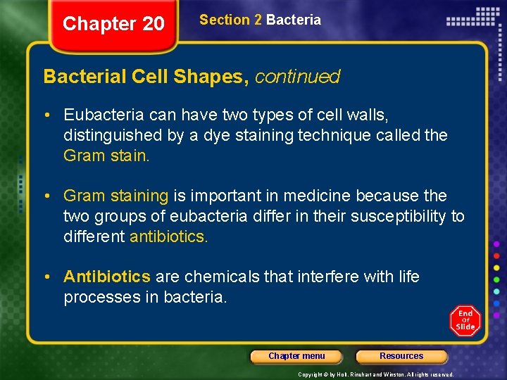 Chapter 20 Section 2 Bacterial Cell Shapes, continued • Eubacteria can have two types