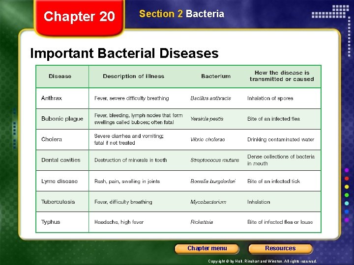 Chapter 20 Section 2 Bacteria Important Bacterial Diseases Chapter menu Resources Copyright © by