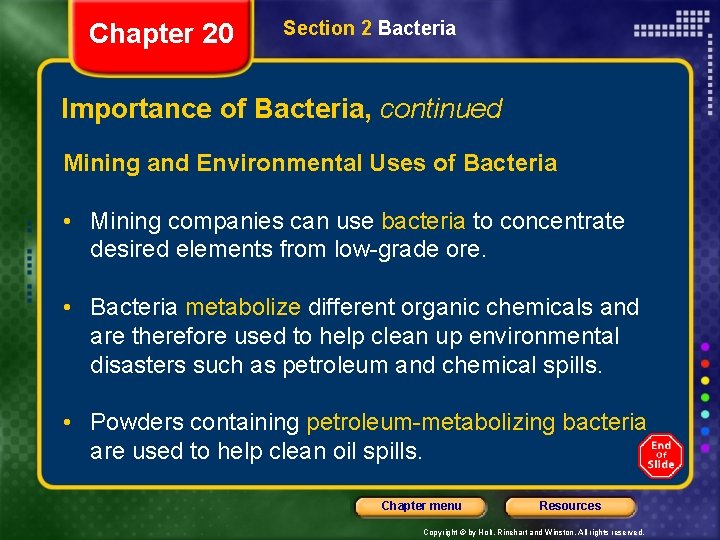 Chapter 20 Section 2 Bacteria Importance of Bacteria, continued Mining and Environmental Uses of