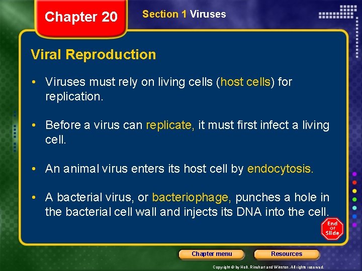 Chapter 20 Section 1 Viruses Viral Reproduction • Viruses must rely on living cells