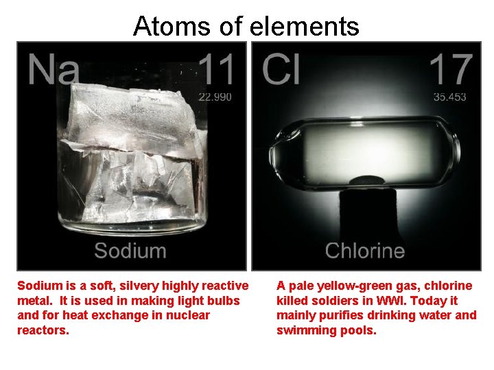 Atoms of elements Sodium is a soft, silvery highly reactive metal. It is used