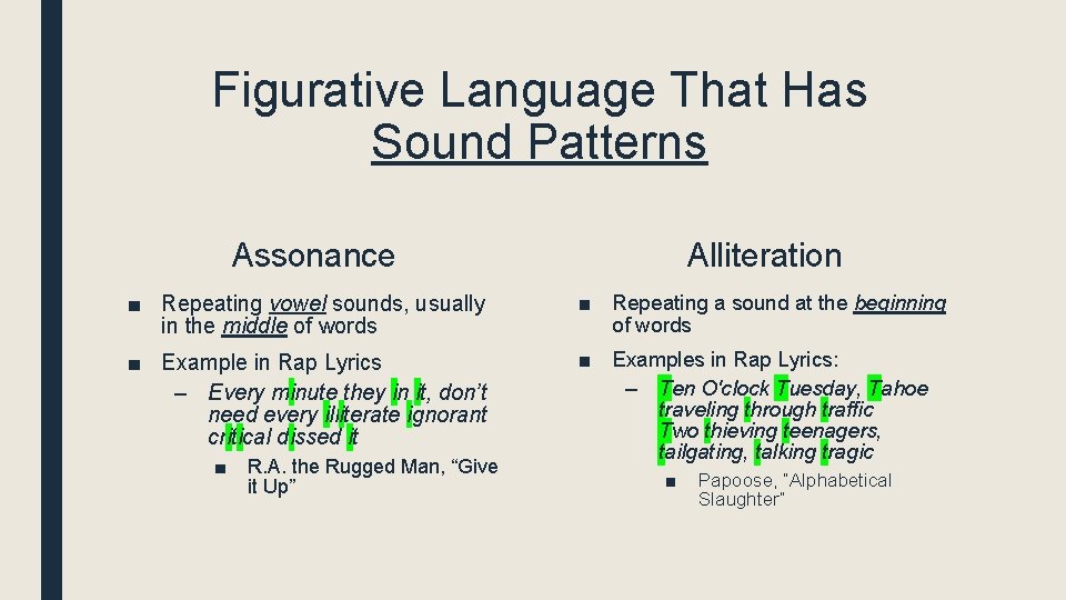 Figurative Language That Has Sound Patterns Assonance Alliteration ■ Repeating vowel sounds, usually in
