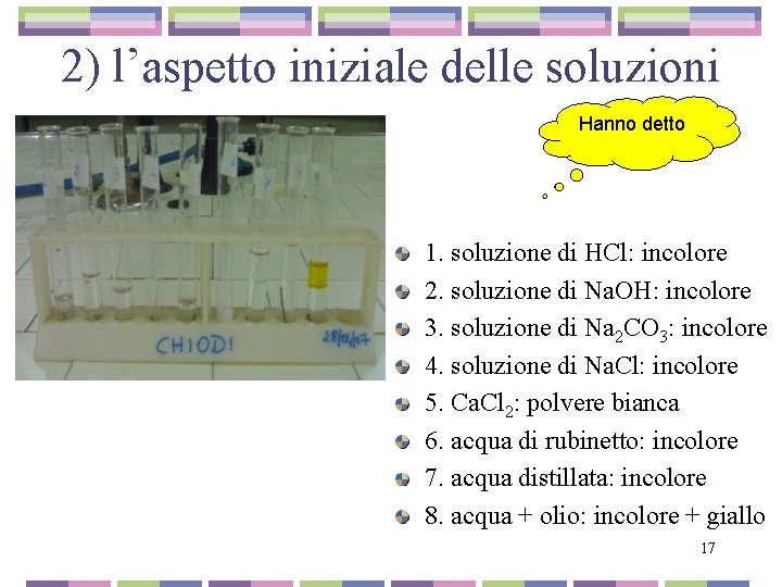 2) l’aspetto iniziale delle soluzioni Hanno detto 1. soluzione di HCl: incolore 2. soluzione