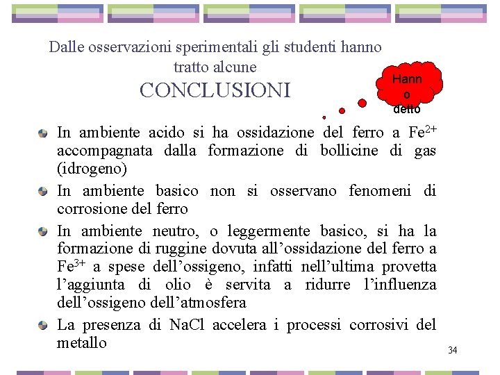 Dalle osservazioni sperimentali gli studenti hanno tratto alcune CONCLUSIONI Hann o detto In ambiente