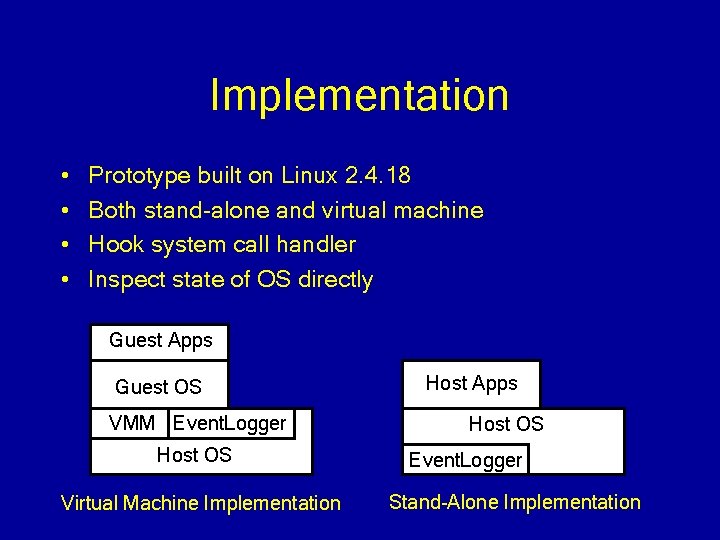 Implementation • • Prototype built on Linux 2. 4. 18 Both stand-alone and virtual