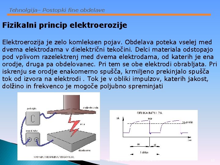 Tehnolgija– Postopki fine obdelave Fizikalni princip elektroerozije Elektroerozija je zelo komleksen pojav. Obdelava poteka