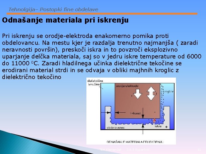 Tehnolgija– Postopki fine obdelave Odnašanje materiala pri iskrenju Pri iskrenju se orodje-elektroda enakomerno pomika