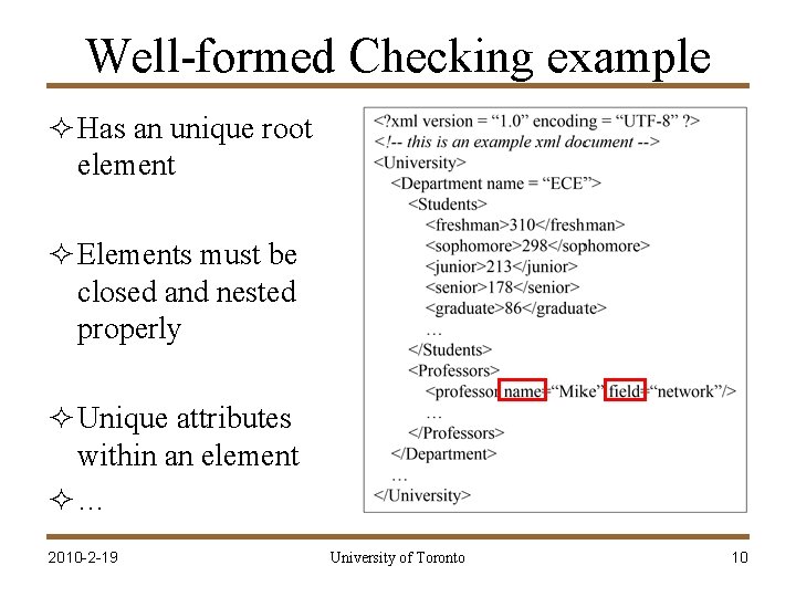 Well-formed Checking example ² Has an unique root element ² Elements must be closed