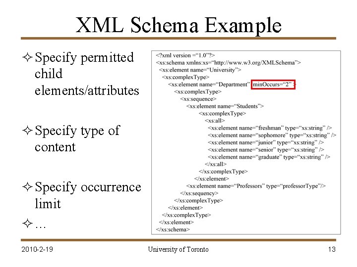 XML Schema Example ² Specify permitted child elements/attributes ² Specify type of content ²