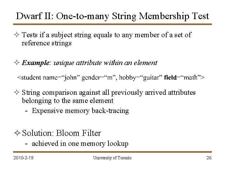 Dwarf II: One-to-many String Membership Test ² Tests if a subject string equals to