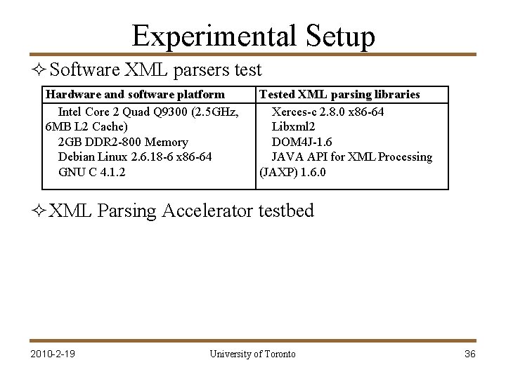 Experimental Setup ² Software XML parsers test Hardware and software platform Intel Core 2