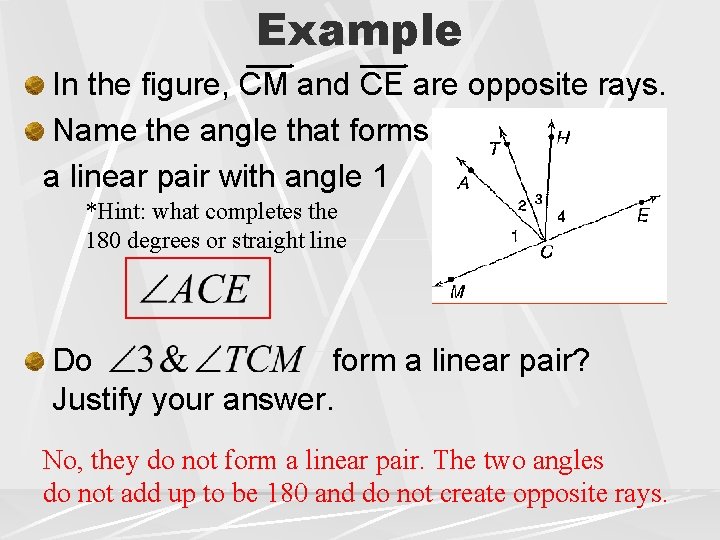 Example In the figure, CM and CE are opposite rays. Name the angle that