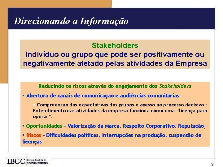 Direcionando a Informação Stakeholders Indivíduo ou grupo que pode ser positivamente ou negativamente afetado