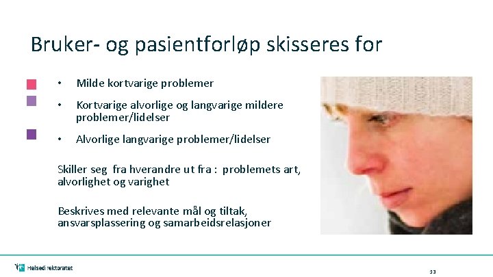 Bruker- og pasientforløp skisseres for • Milde kortvarige problemer • Kortvarige alvorlige og langvarige