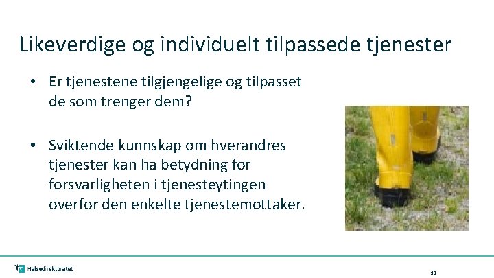 Likeverdige og individuelt tilpassede tjenester • Er tjenestene tilgjengelige og tilpasset de som trenger