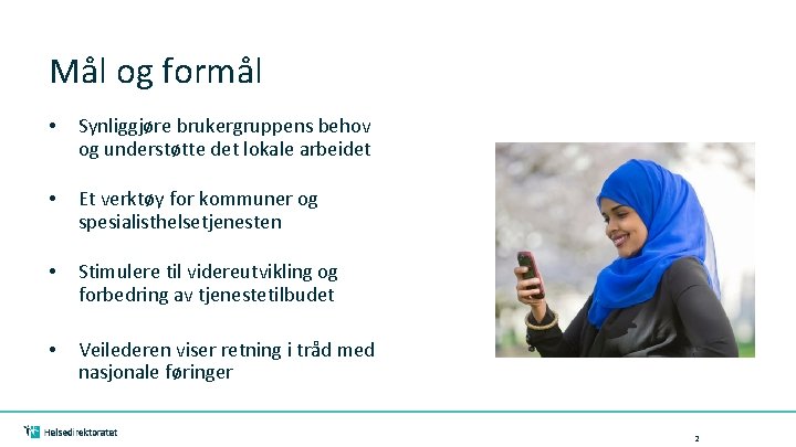 Mål og formål • Synliggjøre brukergruppens behov og understøtte det lokale arbeidet • Et