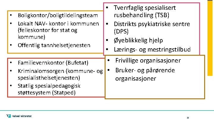  • Tverrfaglig spesialisert rusbehandling (TSB) • Boligkontor/boligtildelingsteam • Lokalt NAV- kontor i kommunen