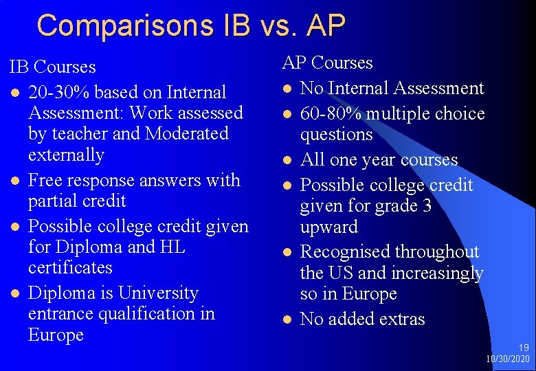 Comparisons IB vs. AP IB Courses l 20 -30% based on Internal Assessment: Work