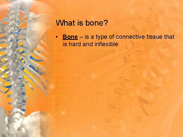 What is bone? • Bone – is a type of connective tissue that is