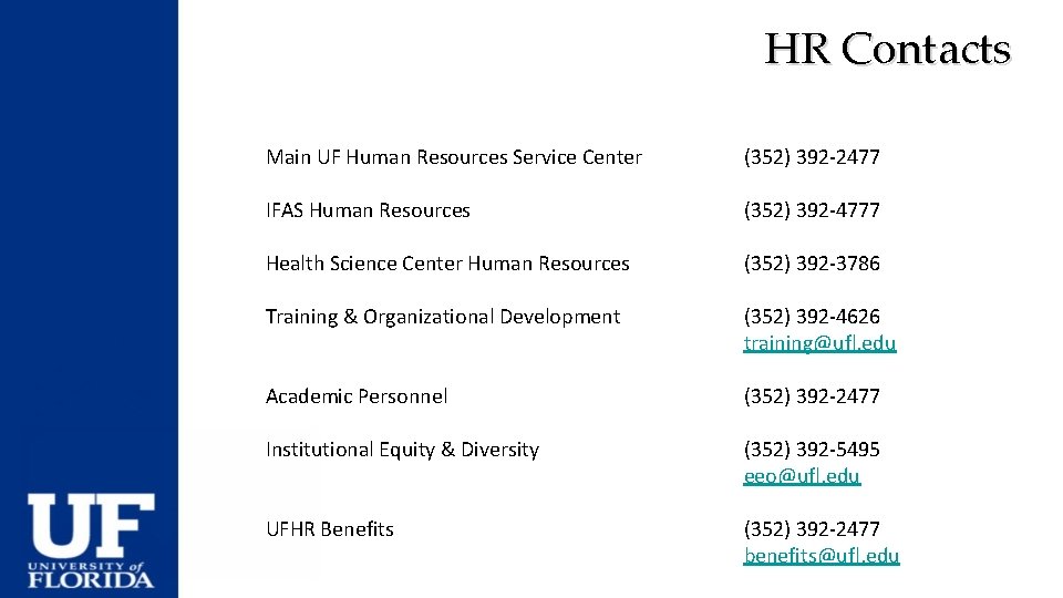 HR Contacts Main UF Human Resources Service Center (352) 392 -2477 IFAS Human Resources