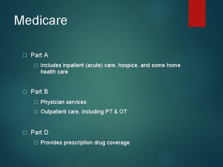 Medicare � Part A � � � Includes inpatient (acute) care, hospice, and some