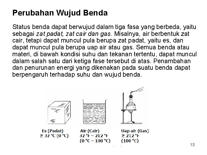 Perubahan Wujud Benda Status benda dapat berwujud dalam tiga fasa yang berbeda, yaitu sebagai