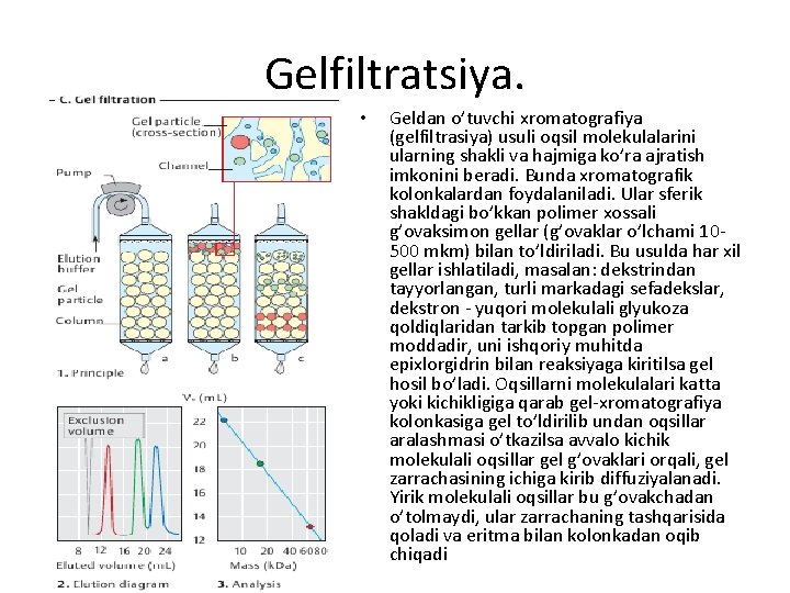 Gеlfiltrаtsiya. • Gеldаn o’tuvchi xrоmаtоgrаfiya (gеlfiltrаsiya) usuli оqsil mоlеkulаlаrini ulаrning shаkli vа hаjmigа ko’rа