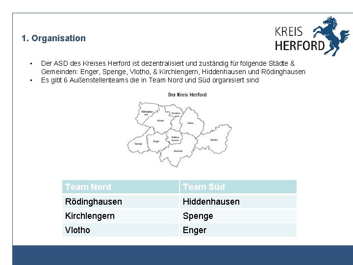 1. Organisation • • Der ASD des Kreises Herford ist dezentralisiert und zuständig für