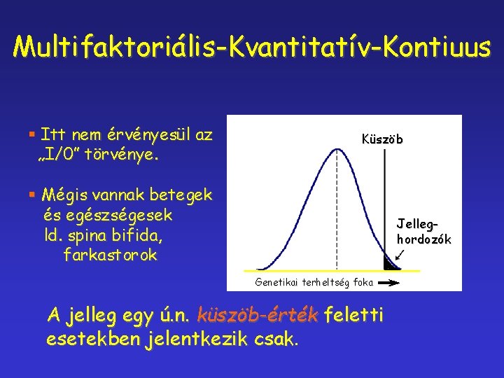 Multifaktoriális-Kvantitatív-Kontiuus § Itt nem érvényesül az „I/0” törvénye. Küszöb § Mégis vannak betegek és