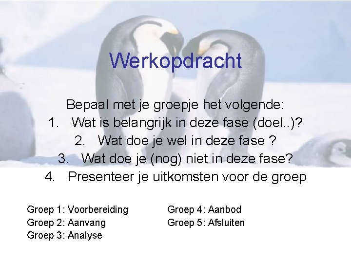 Werkopdracht Bepaal met je groepje het volgende: 1. Wat is belangrijk in deze fase