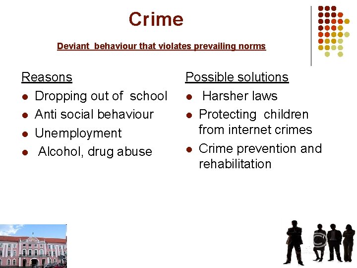 Crime Deviant behaviour that violates prevailing norms Reasons l Dropping out of school l
