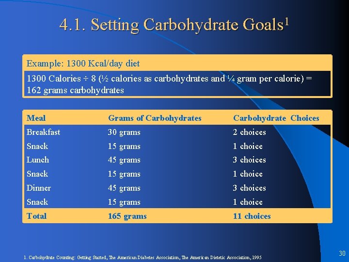 4. 1. Setting Carbohydrate Goals 1 Example: 1300 Kcal/day diet 1300 Calories ÷ 8