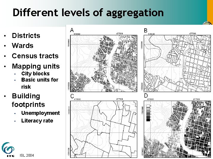 Different levels of aggregation • Districts • Wards • Census tracts • Mapping units