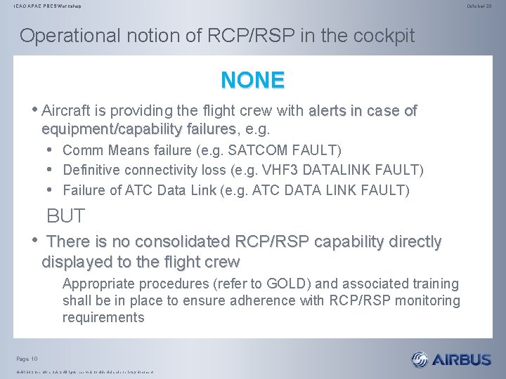 ICAO APAC PBCS Workshop October 20 Operational notion of RCP/RSP in the cockpit NONE