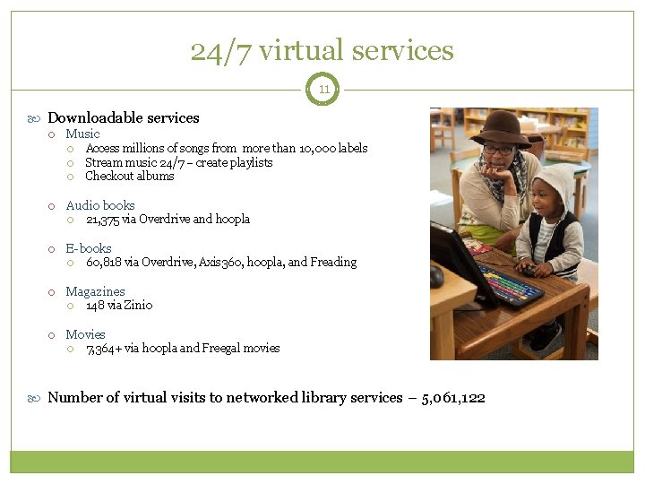 24/7 virtual services 11 Downloadable services Music Audio books 60, 818 via Overdrive, Axis