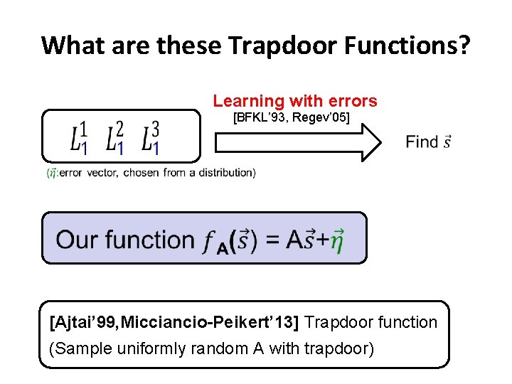 What are these Trapdoor Functions? Learning with errors [BFKL’ 93, Regev’ 05] [Ajtai’ 99,