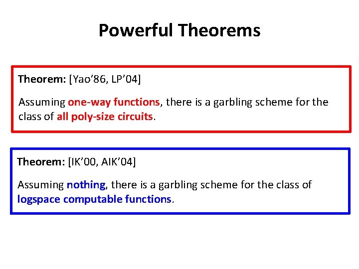 Powerful Theorems Theorem: [Yao’ 86, LP’ 04] Assuming one-way functions, there is a garbling